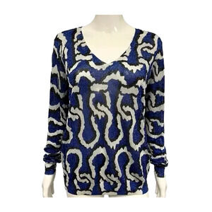 KENZO Blue Multi Lurex Abstract Long Sleeve V Neck Sweater Top Curved Print S